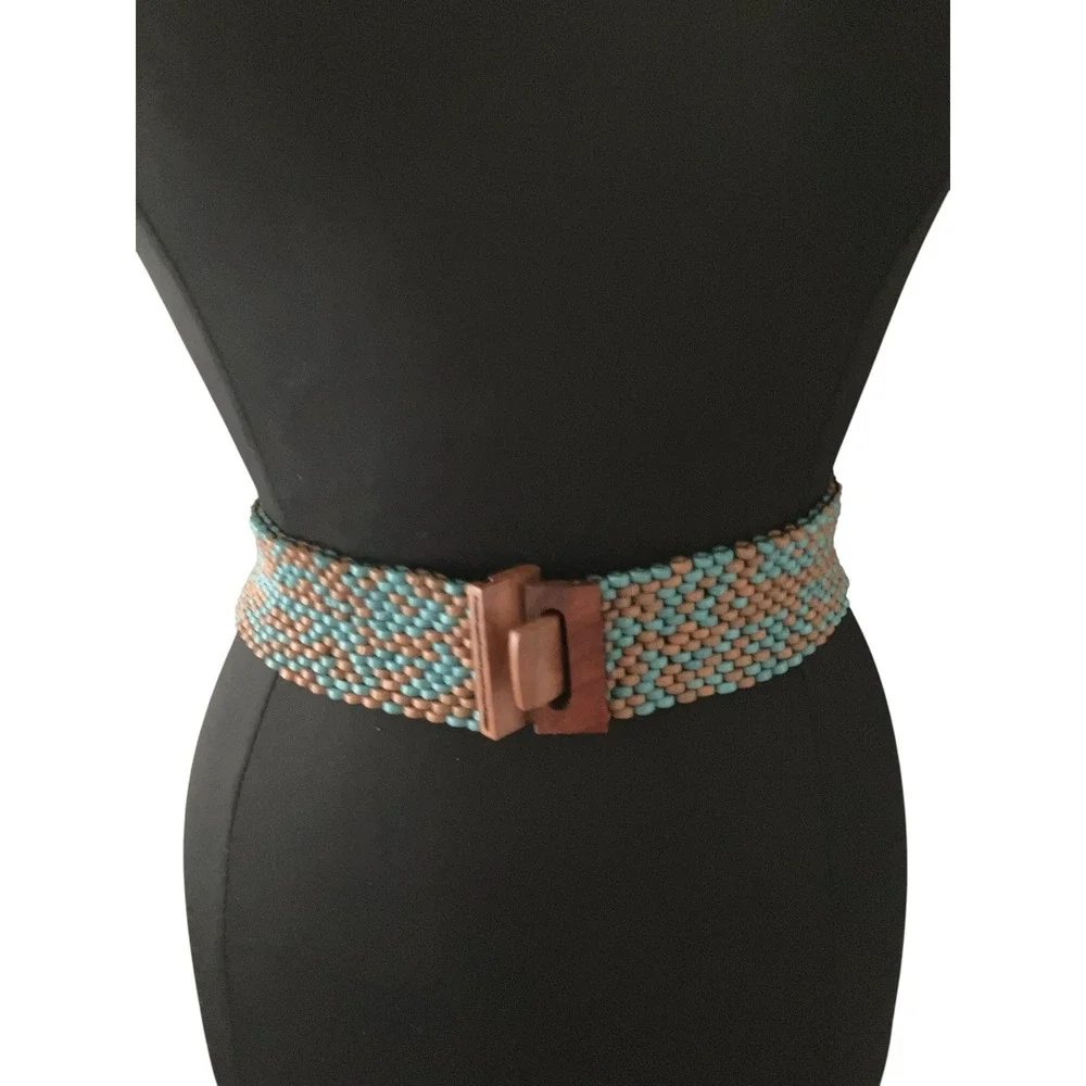 Wood Bead Belt Weatern Turquoise Tan Stretch Statement Wood Interlock Buckle 31